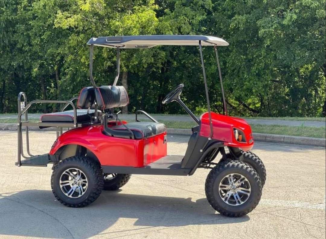 Custom EZGO TXT Lifted Golf Cart – Red | Off-Road Tires, Rear Seat, Premium Styling - Image 3