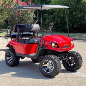 Custom EZGO TXT Lifted Golf Cart – Red | Off-Road Tires, Rear Seat, Premium Styling